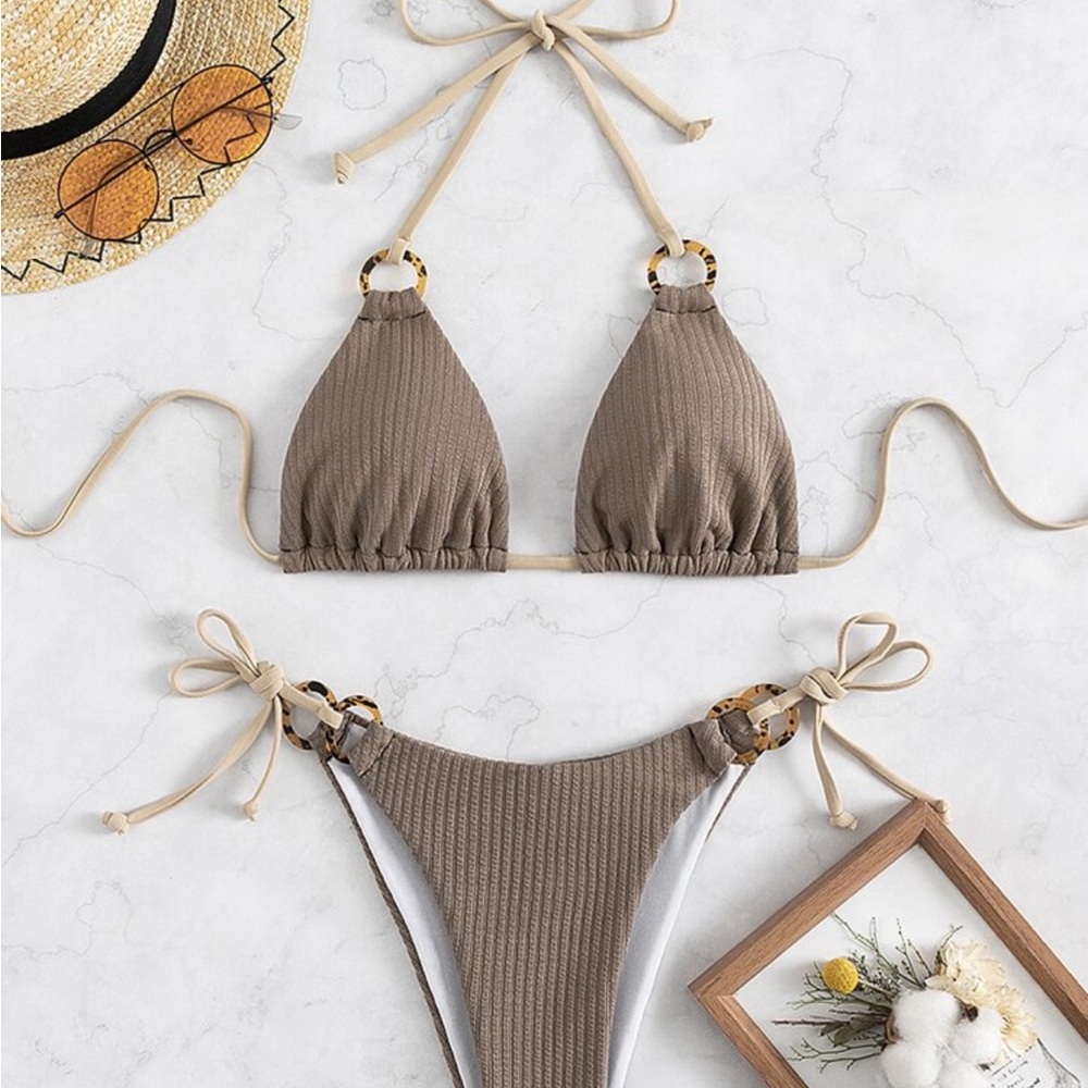 Brown and tan ring bikini